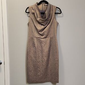 Ports 1961 Gold Textured Silk‑Lined Cowl‑Neck Midi Dress – Size 6  Quiet Luxury